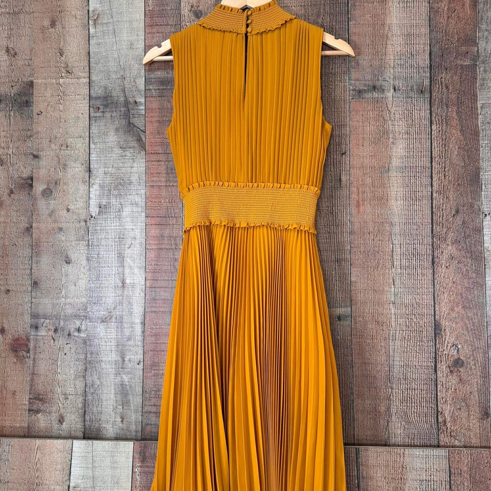 Nanette Lepore Mustard Yellow Pleated Smocked Waist Midi Dress 6 Feminine Chic - Picture 4 of 7